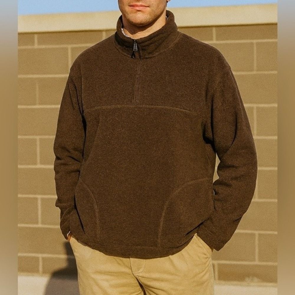VTG 90s St‎ Johns Bay Mens Brown Zip Mock Neck Pullover Fleece Sweater sz L Prep